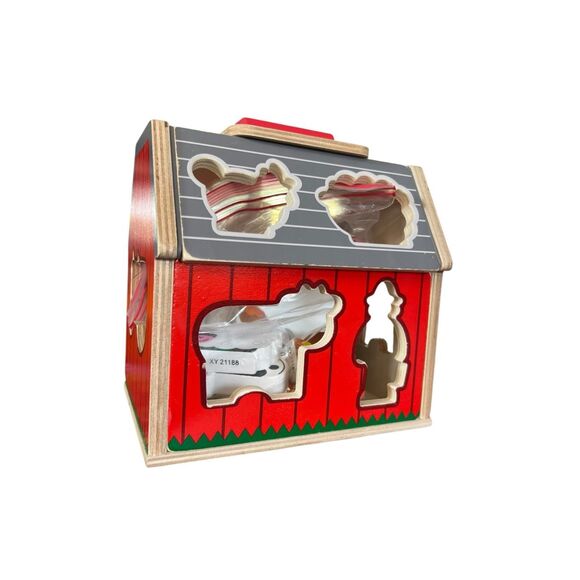 Melissa & Doug Wooden Take-Along Sorting Barn Toy 10 pc Flip-Up Roof & Handle - Picture 1 of 8